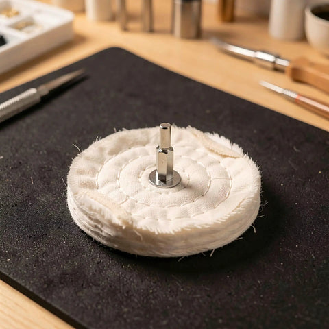 6 Pack Soft White Polishing Pads For Drill With 1/4 Inch Shank displaying a soft white cotton pad with a 1/4 inch shank for car detail work.