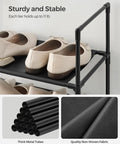 10-Tier Tall Shoe Rack Organizer With Metal Frame And Nonwoven Shelves, showing shoes on shelves, black metal and fabric material