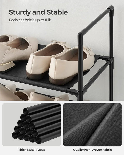 10-Tier Tall Shoe Rack Organizer With Metal Frame And Nonwoven Shelves, showing shoes on shelves, black metal and fabric material