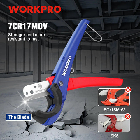 Versatile PEX And Hose Cutter With 1/8 To 1-5/8 Inch Cutting Capacity, in blue and red, showing durable metal blade.