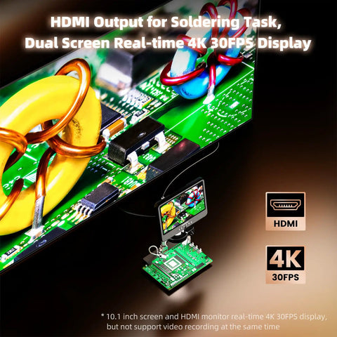4K 30FPS HDMI Digital Microscope With 10.1 Inch Screen For Soldering And Coin Viewing 1500X Magnification 3840P UHD Video Audio 56 LED Ring Light Full Coin View PC View 64GB showing PCB detail and HDMI output