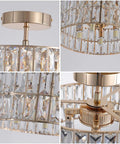 Close-up of Lit Rose Gold Semi Flush Mount Crystal Ceiling Light With 68 K5 Crystals, showing details of round drum design and crystals