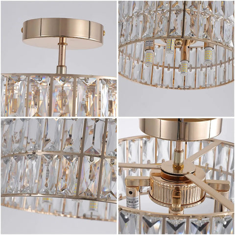 Close-up of Lit Rose Gold Semi Flush Mount Crystal Ceiling Light With 68 K5 Crystals, showing details of round drum design and crystals