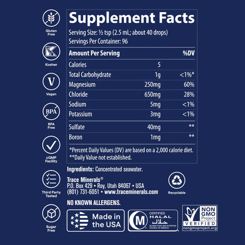 Supplement facts label for Straight Up Liquid Trace Mineral Drops Loaded With Seventy Plus Ionic Minerals And Key Electrolytes.
