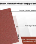 Close-up of 1/4 Sheet Sandpaper Pack 4.5 By 5.5 Inches P60 Red Aluminum Oxide Plain Backing with text annotations.