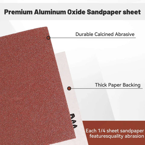 Close-up of 1/4 Sheet Sandpaper Pack 4.5 By 5.5 Inches P60 Red Aluminum Oxide Plain Backing with text annotations.
