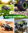 Rugged Dino Theme RC Monster Truck for Kids Ages 4 To 12 on various terrains, featuring impact resistant shell and dual battery pack.