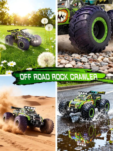 Rugged Dino Theme RC Monster Truck for Kids Ages 4 To 12 on various terrains, featuring impact resistant shell and dual battery pack.
