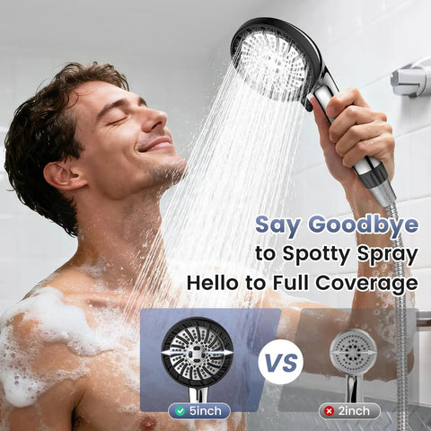 Man enjoying shower with High Pressure Handheld Shower Head With Eight Modes Built In Filtered Water Softener Anti Clog Nozzles 60 Inch Stainless Steel Hose Power Wash Boost For A Boss Level Spa Like Shower With Jet Rain Massage And Mist.