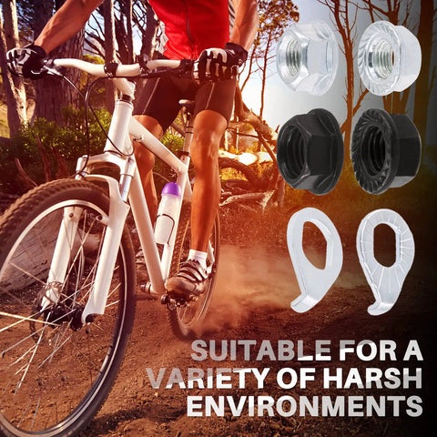 Cyclist riding on a trail next to 60 Pcs Bicycle Wheel Axle Nut And Safety Washer Kit with nuts and hooks displayed.
