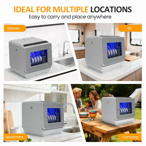 Top Tier Portable Countertop Dishwasher For Apartments And Dorms Featuring Plug And Play Setup Quick Wash Cycles Sleek Footprint And A Slick Build in various locations like RV, kitchen, and camping.