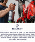 All Purpose Bike Wash Gel For Bicycles And E-Bikes That Lifts Dirt And Grime From All Surfaces, No Run Formula Keeps Your Finish Shiny, Dries Clean, And Makes Next Washes Faster And Easier, Great For Brakes, Drivetrain, And Wheels, bottle shown cleaning red bike frame