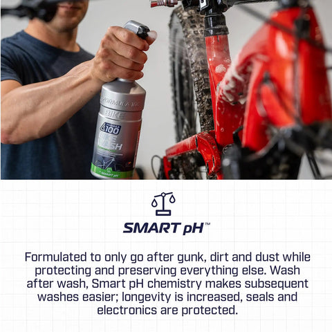 All Purpose Bike Wash Gel For Bicycles And E-Bikes That Lifts Dirt And Grime From All Surfaces, No Run Formula Keeps Your Finish Shiny, Dries Clean, And Makes Next Washes Faster And Easier, Great For Brakes, Drivetrain, And Wheels, bottle shown cleaning red bike frame
