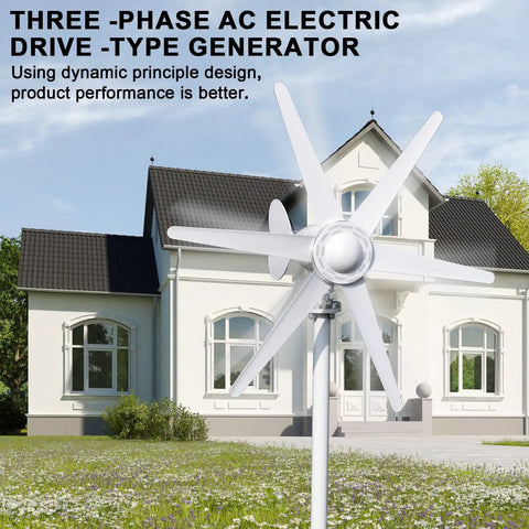 800W Wind Turbine Generator Kit 12V 24V with 6 Blade Turbine and MPPT Controller installed outside a house