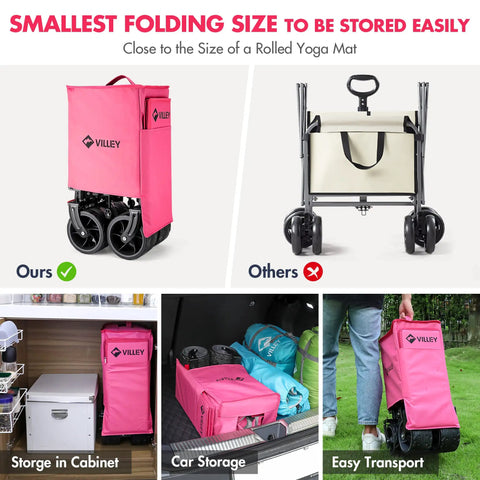 Pink All Terrain Folding Wagon Cart With Big Wheels Heavy Duty Collapsible Utility Cart 225 Lb Capacity folded, compact size