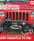 Front view of Jeep with Beefed Up 50 Foot 1/4 Inch Synthetic Winch Rope Kit for Jeeps, ATVs, UTVs, and Quad Bikes, 6,400 lb capacity.