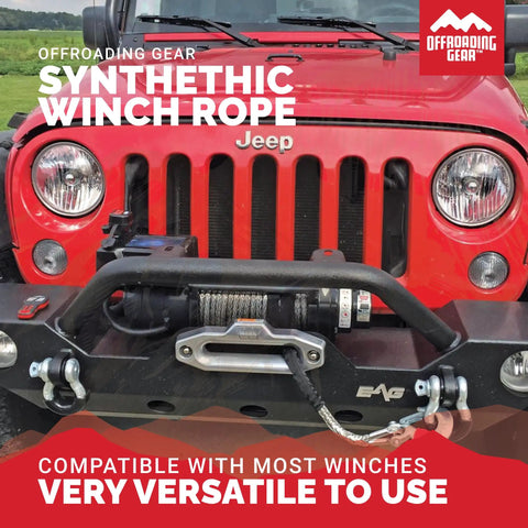 Front view of Jeep with Beefed Up 50 Foot 1/4 Inch Synthetic Winch Rope Kit for Jeeps, ATVs, UTVs, and Quad Bikes, 6,400 lb capacity.