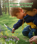 Awesome Kids Handheld Microscope For Learning And Discovery, Portable Miniscope With 4 Inch IPS Display And 1080P Imaging, 100X-1600X Magnification, Kid-Friendly Pocket Microscope For Boys And Girls, Educational Science Kit, Hands-On Exploration. Kids using a handheld microscope outdoors to inspect flowers in a forest.