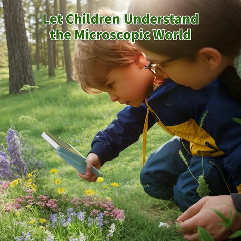 Awesome Kids Handheld Microscope For Learning And Discovery, Portable Miniscope With 4 Inch IPS Display And 1080P Imaging, 100X-1600X Magnification, Kid-Friendly Pocket Microscope For Boys And Girls, Educational Science Kit, Hands-On Exploration. Kids using a handheld microscope outdoors to inspect flowers in a forest.