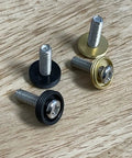 Orange Color License Plate Screws Heavy Duty Set Of 4 Stainless Steel Rustproof M6 Self Tapping Fasteners With Aluminum Caps on wood surface