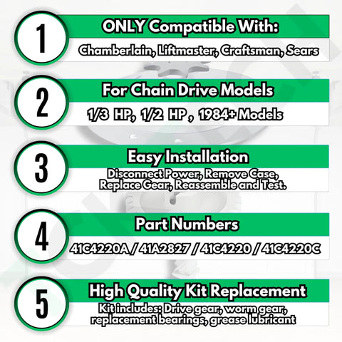 Gear And Sprocket Replacement Kit For One Third To One Half HP Chain Drive Garage Door Openers compatibility and installation guide