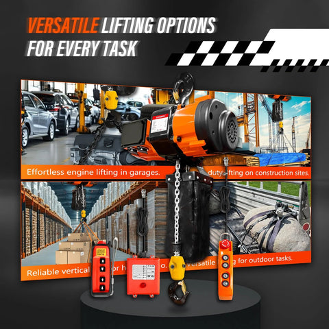 YATOINTO orange 2-speed electric chain hoist with chain, pendant and handheld remote in a workshop setting