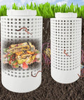 Two Pack Inground Worm Composters For Home Gardens And Raised Beds Worm Farm Bin Kit For Garden Use Reduces Food Waste Easy Lid Access Durable Outdoor Composting System, showing white bins with garden use