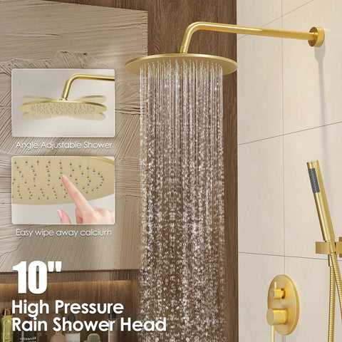 All In One Shower System With 8 Inch Rain Shower Head And Handheld Sprayer Wall Mounted Brushed Nickel Fixtures Pressure Balancing Valve Diverter High Flow Water Pressure Easy Install For A Spa Like Dope Shower Experience, adjustable shower head in action.