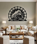 Old School Vintage Steam Train Metal Sign, Circular Iron Wall Art With Locomotive Silhouette, Premium Railroad Themed Decor