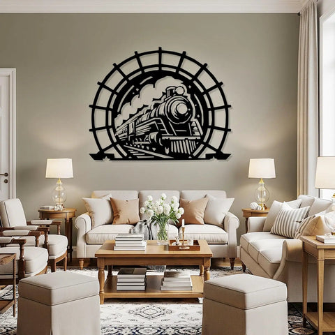 Old School Vintage Steam Train Metal Sign, Circular Iron Wall Art With Locomotive Silhouette, Premium Railroad Themed Decor