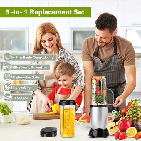 Family using Two Pack 22oz Tall Blender Cups with Handles and Flip Top To-Go Lids for 250W Magic Bullet MB1001 in kitchen