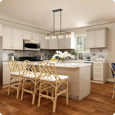 Industrial Farmhouse Island Light With Clear Glass Globe Shades 34 Inch Four Light Modern Linear Pendant in a kitchen setting