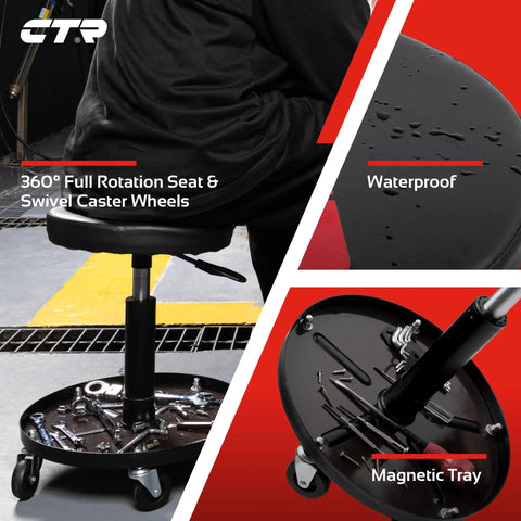 Rolling Mechanic Shop Stool With Magnetic Tool Tray Workhorse Heavy Duty Build, showing full rotation seat and magnetic tray.