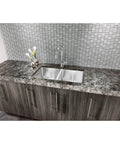 Modern kitchen sink with countertop featuring Hopewell Steel Bar Pull M993 15 Inch Center-To-Center Flat Black Cabinet Pull.