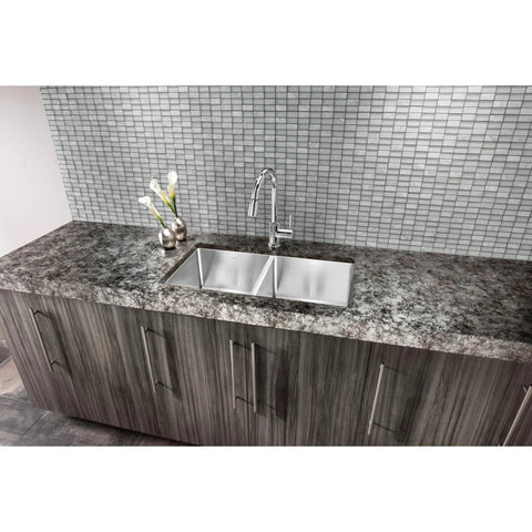 Modern kitchen sink with countertop featuring Hopewell Steel Bar Pull M993 15 Inch Center-To-Center Flat Black Cabinet Pull.