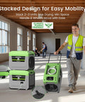 Industrial Grade 150 Pint Commercial Dehumidifier With Built In Pump And Drain Hose Knocks Excess Moisture Right Out Of Damp Basements And Job Sites Leaves Large Spaces Bone Dry And Stacks Clean To Save Valuable Floor Room, stacked for easy mobility.