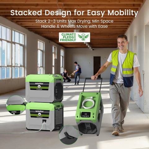 Industrial Grade 150 Pint Commercial Dehumidifier With Built In Pump And Drain Hose Knocks Excess Moisture Right Out Of Damp Basements And Job Sites Leaves Large Spaces Bone Dry And Stacks Clean To Save Valuable Floor Room, stacked for easy mobility.