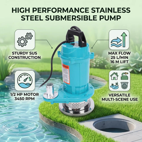 Badass Half Horsepower Stainless Steel Submersible Water Pump With Rock Solid Rust Resistant Build For Fast Crawl Space And Sump Drainage 25 Liters Per Minute Flow 110 Volt portable design in a garden setting.