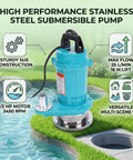 Rock Solid Half Horsepower Submersible Pump Forged From Durable Stainless Steel Featuring A Silently Running Motor And Standard Us Plug For Easy Home Projects in outdoor setting with grass and water.