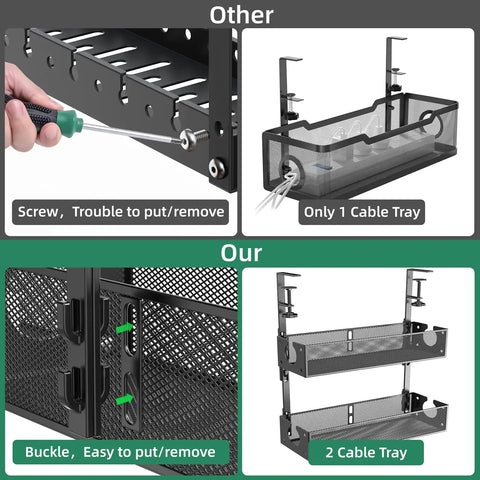 Comparison of Two Pack Under Desk Cable Management Trays with screw-free clamp and dual tray design for customizable wire routing.