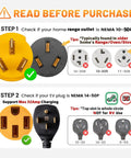 Instructions for using 32Amp 220V Level 2 EV Charger Adapter From NEMA 10-50P To 14-50R with plug outlet diagrams.