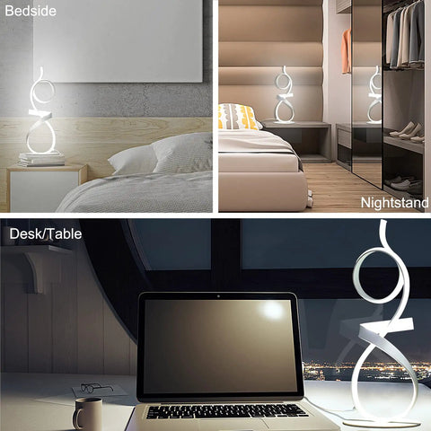 21.6 Inch Modern Knight Design Table Lamp with remote shown in bedroom, nightstand, and study settings, frosted finish.
