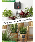 Solar Powered Drip Irrigation Setup With USB Charging for indoor and outdoor plants showing wall and hook mounting options.