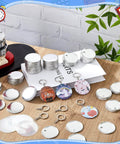 100 Sets Button Maker Kit 58mm 2.25 Inch Includes 100 Metal Shells 100 Films 100 Back Covers 100 Keychains and 1 Ring for DIY Makers and Machines An Awesome Gift for Craft Lovers displayed on a table.