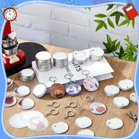 100 Sets Button Maker Kit 58mm 2.25 Inch Includes 100 Metal Shells 100 Films 100 Back Covers 100 Keychains and 1 Ring for DIY Makers and Machines An Awesome Gift for Craft Lovers displayed on a table.