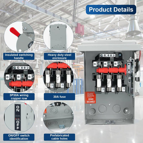 Legit Heavy Duty 3 Pole 30 Amp 240 Volt 3 Wire Ac Disconnect Switch Box with insulated handle and steel enclosure.