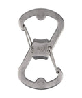 Dual Bottle Opener And SBiner Carabiner Combo in stainless steel showing double sided bottle openers and attachment modes