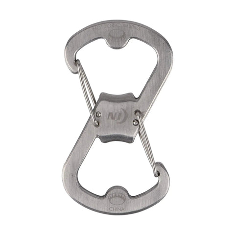 Dual Bottle Opener And SBiner Carabiner Combo in stainless steel showing double sided bottle openers and attachment modes