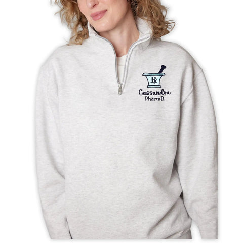 Embroidered Pharmacist Quarter Zip Sweatshirt With Rx Symbol Custom Pullover For Pharmacy Tech Or Student Personal Lab Coat Gift