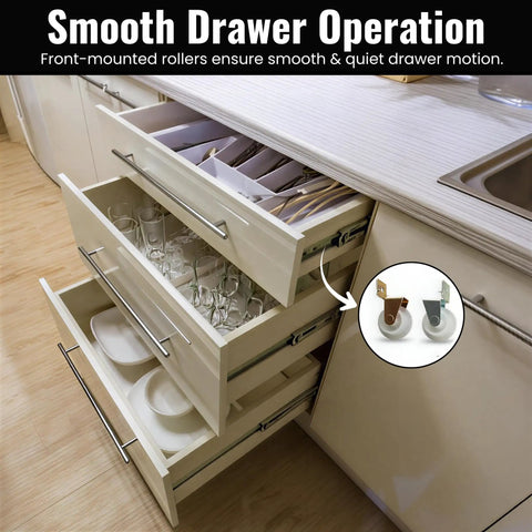 Top Shelf Kitchen Drawer Guide Rollers With Reinforced Steel Brackets And Tough Nylon Wheels For Smooth As Butter Sliding Cabinet Operation Repair Kit Pack Of Four, displayed in kitchen drawer showing cutlery organization.